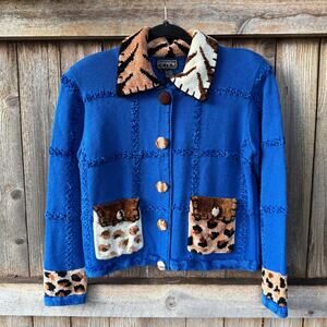 Vintage BEREK 2 blue leopard cheetah print chenille trim SWEATER Cardigan Small